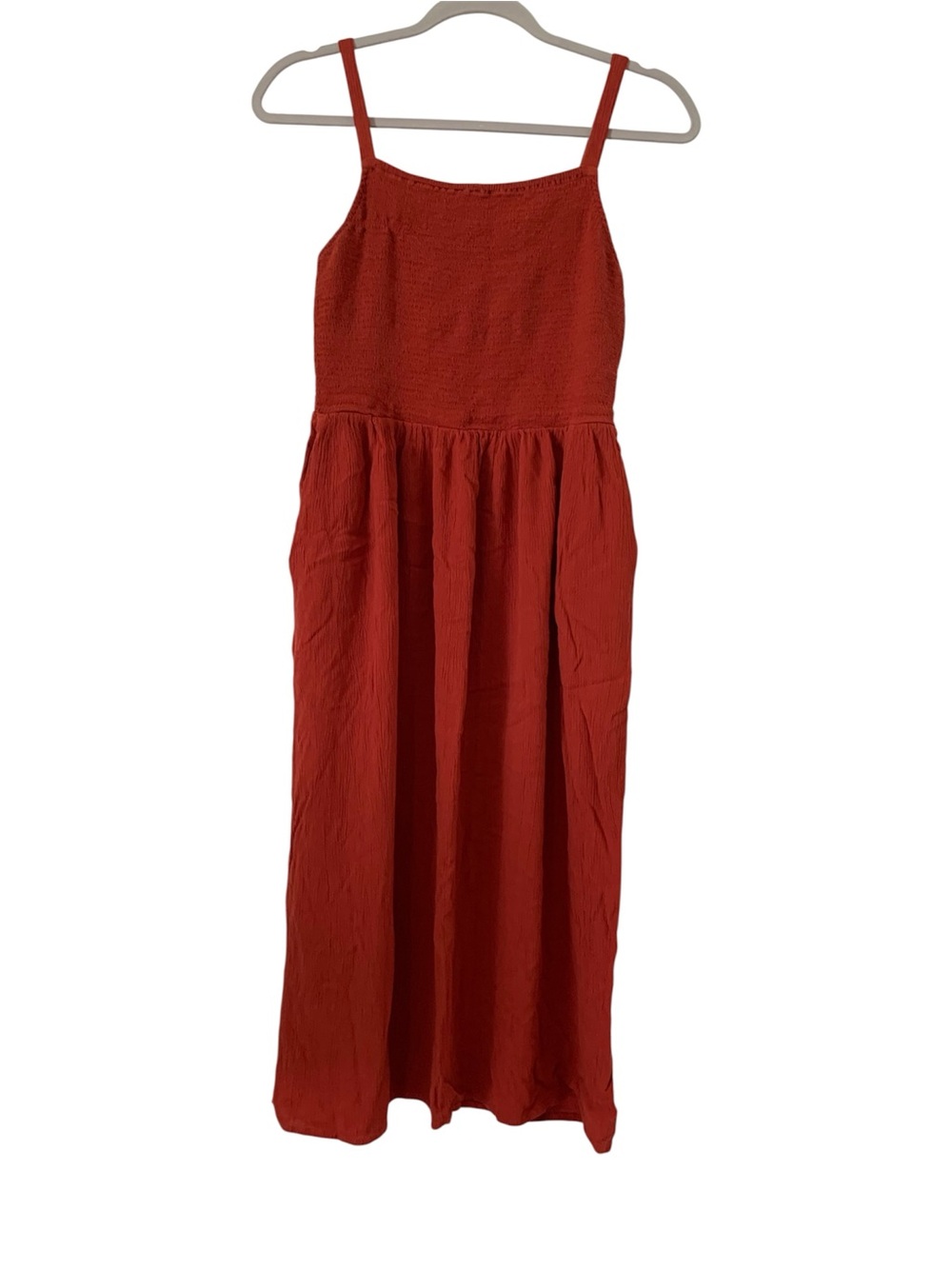 Old Navy Terracotta Rust Orange Red Smocked Midi Dress Small Cami Straps Pockets